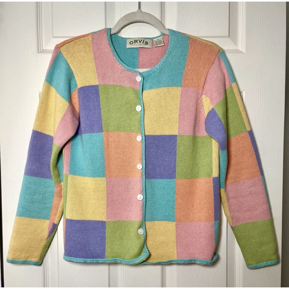Vintage Orvis Pastel Patchwork Cardigan Spring Sweater Color Block Womens Small